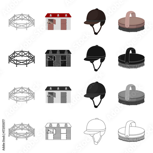 Horse race, stables, jockey rider, brush. Hippodrome and horse racing set collection icons in cartoon black monochrome outline style vector symbol stock illustration web.