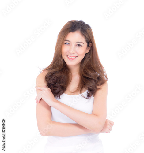 Beautiful girl with makeup, woman and skin care cosmetics concept / attractive asia girl on face isolated on white background. © N_studio