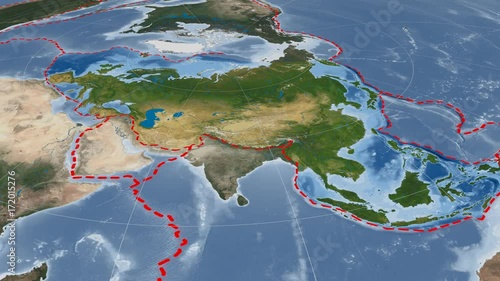 Eurasian tectonic plate extruded and rotated against the map in the Azimuthal Equidistant projection. Blue Marble