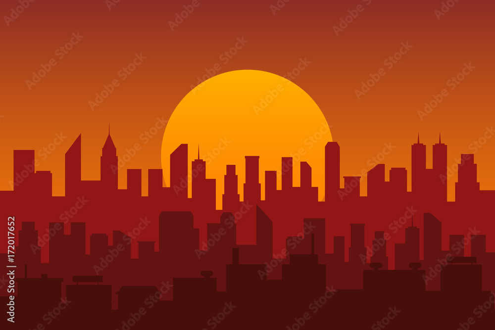 Illustration of city sunset landscape. Vector.