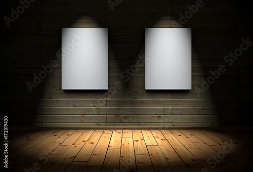 3D Illustration - 2 canvas with Spotlights and wood floor background