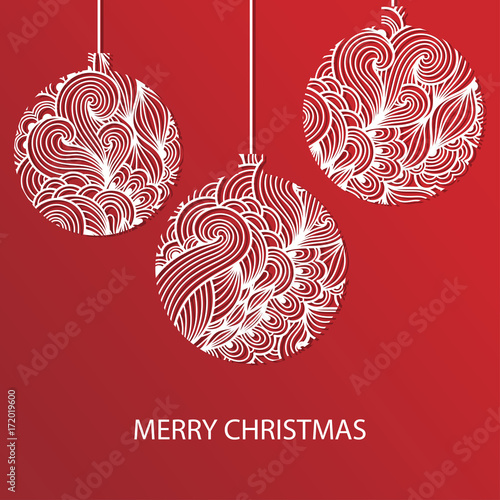 Vector Christmas background with decorative  christmas balls. New Year ornate floral baubles silhouette. Paper cut decorations, card template