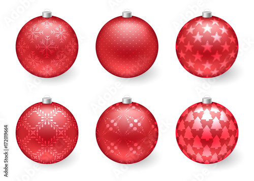 Christmas set jf red balls with dots, stars, snowflakes for xmas and New Year design. Glowing baubles. Vector illustration
