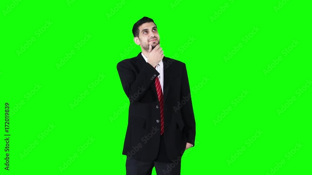 Young happy Caucasian businessman thinking idea or solution while smiling and standing in front of green screen background Young happy Caucasian businessman thinking idea or solution while smiling and standing in front of green screen background