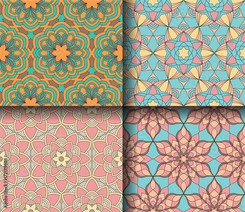 Set of seamless patterns tile with mandalas. Vintage decorative elements. Hand drawn background. Islam, Arabic, Indian, ottoman motifs. Perfect for printing on fabric or paper.