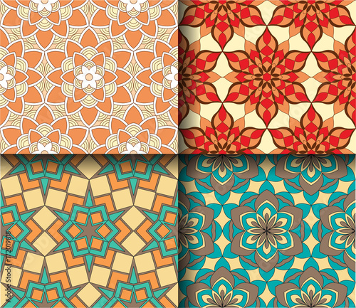 Set of seamless patterns tile with mandalas. Vintage decorative elements. Hand drawn background. Islam, Arabic, Indian, ottoman motifs. Perfect for printing on fabric or paper.