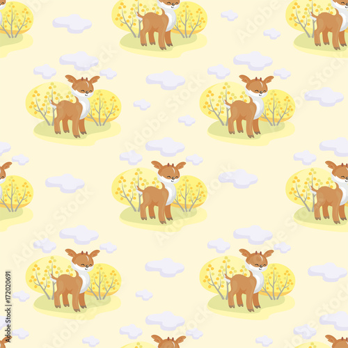 Baby colorful seamless pattern with the image of cute woodland animals and autumn trees. Vector background.