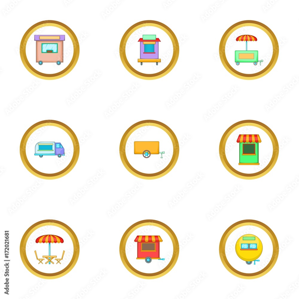 Street kiosk icons set, cartoon style Street kiosk icons set, cartoon style
