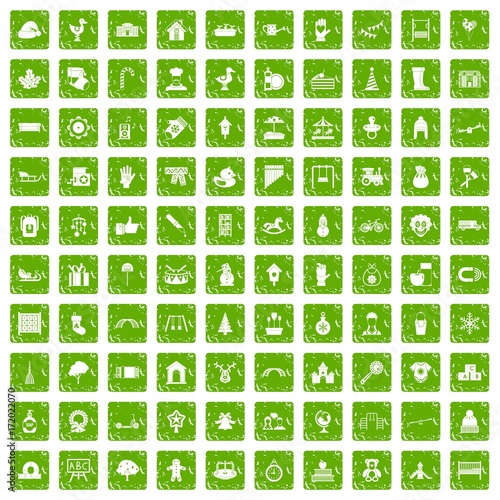 100 kindergarten icons set grunge green