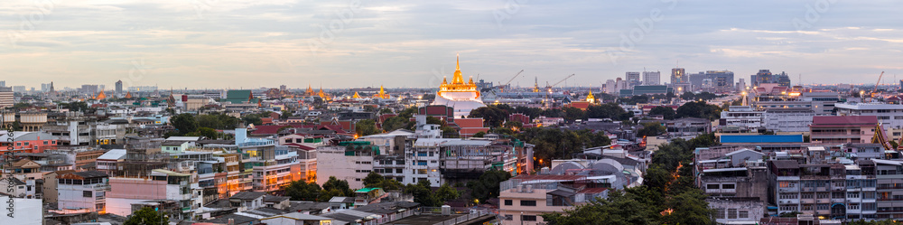 Golden Mount Temple Fair, Golden Mount Temple (Wat Sraket) with Wat Phra Kaew behind the left of the image in Bangkok, Thailand. panorama
