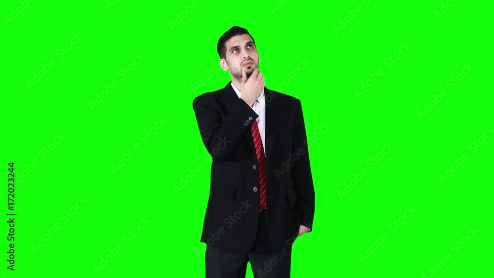 Handsome Caucasian entrepreneur standing in the studio while wearing business suit and thinking idea or solution in front of green screen background Handsome Caucasian entrepreneur standing in the studio while wearing business suit and thinking idea or solution in front of green screen background