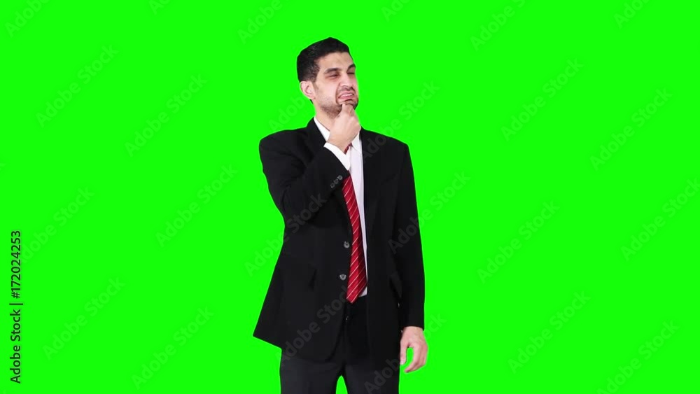Caucasian businessman looks anxious, standing in the studio while wearing formal suit and thinking idea or solution in front of green screen background Caucasian businessman looks anxious, standing in the studio while wearing formal suit and thinking idea or solution in front of green screen background