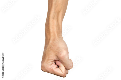 Man clenched fist to punch isolated on white background. Hand gesture. Clipping path.
