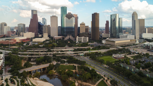 Aerial view of downtown Houston building city, Texas