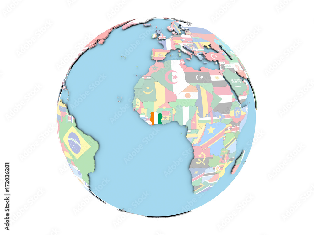 Obraz premium Ivory Coast on globe isolated
