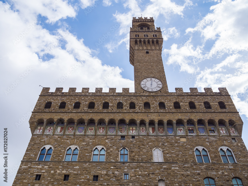 Detail of Facade of Old Palace called Palazzo Vecchio in Florence Italy