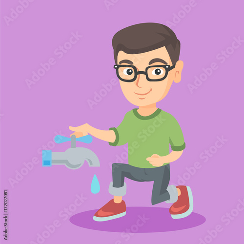 Little caucasian boy in glasses turning off the tap to save water. Smiling boy closing the faucet with water drop. Concept of water conservation. Vector cartoon illustration. Square layout.