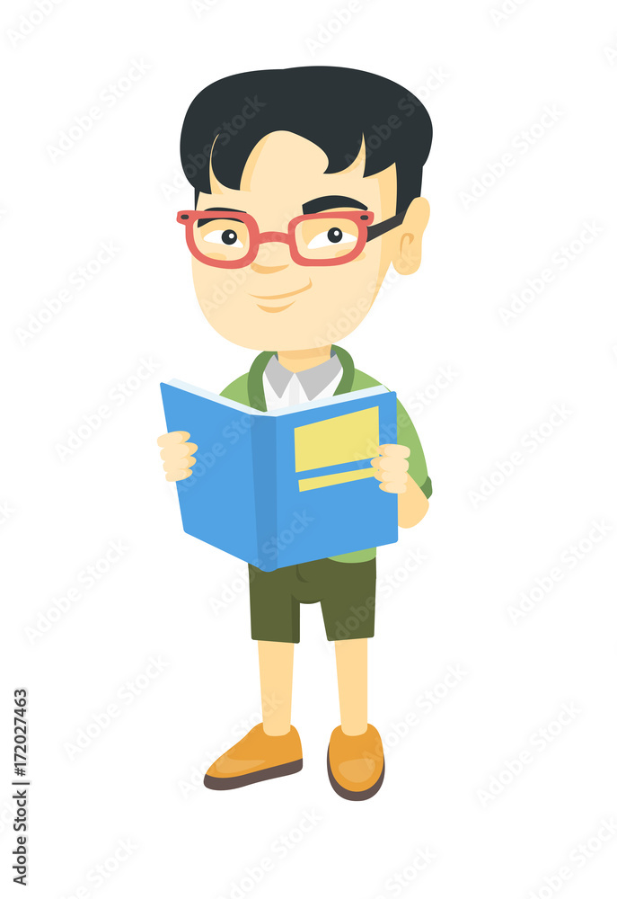 Little asian schoolboy reading a book. Smiling schoolboy holding a story book in hands. Concept of education. Vector sketch cartoon illustration isolated on white background.