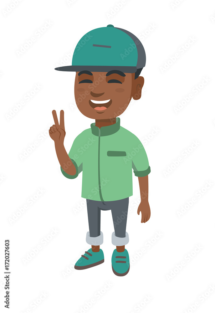 African-american boy showing victory gesture. Little boy showing victory sign with two fingers. Vector sketch cartoon illustration isolated on white background.