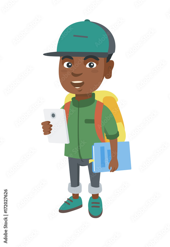 African-american smiling schoolboy with backpack using a cellphone. Little schoolboy holding cellphone and textbook in hands. Vector sketch cartoon illustration isolated on white background.