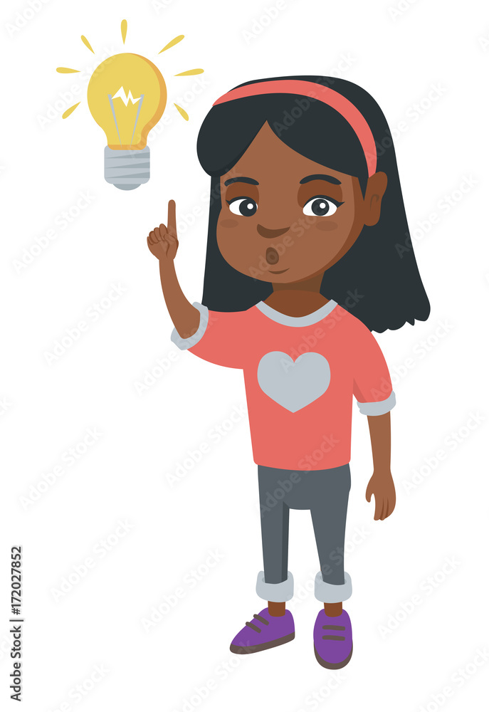 African smart little girl having a bright idea. Clever girl with open mouth  pointing forefinger at the glowing lightbulb. Idea concept. Vector sketch  cartoon illustration isolated on white background. Stock Vector |