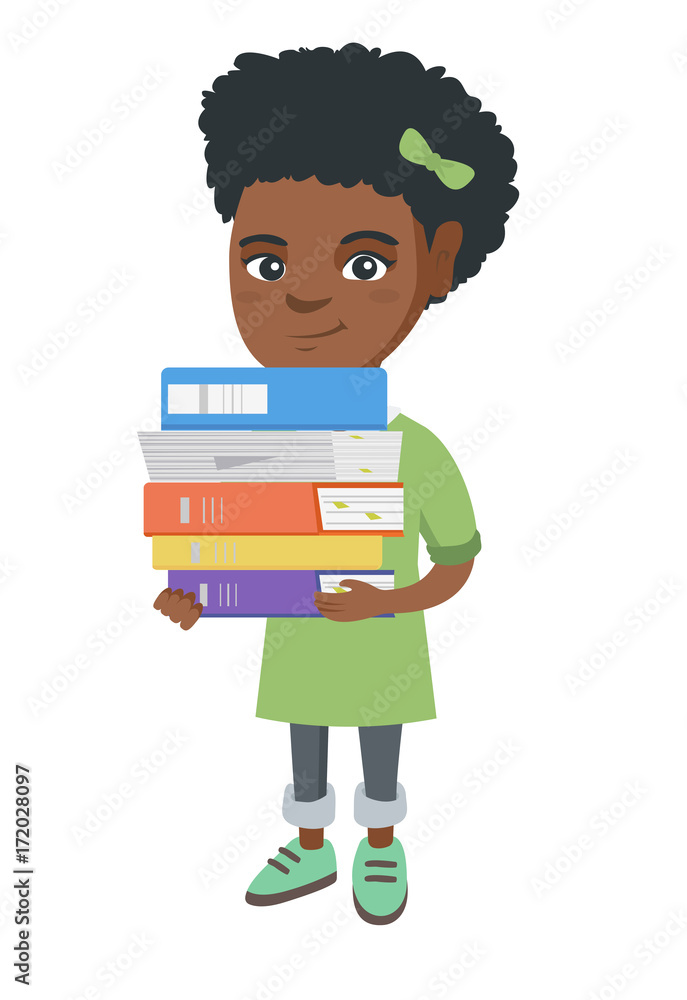 Little african-american school child holding a big pile of textbooks in hands. School child carrying a huge stack of textbooks. Vector sketch cartoon illustration isolated on white background. Little african-american school child holding a big pile of textbooks in hands. School child carrying a huge stack of textbooks. Vector sketch cartoon illustration isolated on white background.