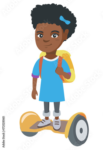 Joyful african schoolgirl riding on self-balancing electric scooter. Happy schoolgirl with backpack riding on gyroscooter to school. Vector sketch cartoon illustration isolated on white background.