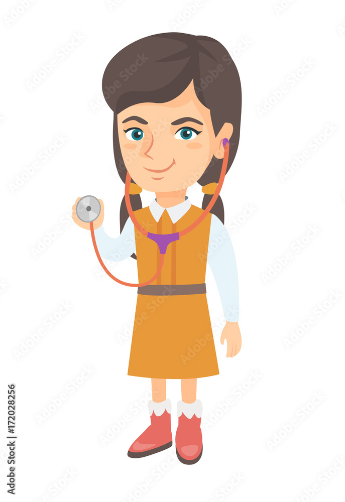 Happy caucasian little girl in doctor costume holding a stethoscope. Laughing girl wearing a doctor coat and showing a stethoscope. Vector sketch cartoon illustration isolated on white background. Happy caucasian little girl in doctor costume holding a stethoscope. Laughing girl wearing a doctor coat and showing a stethoscope. Vector sketch cartoon illustration isolated on white background.