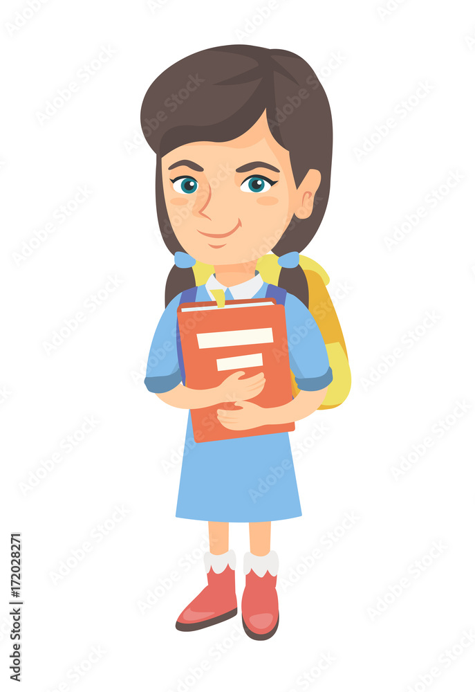 Caucasian schoolgirl with backpack and textbook. Smiling happy schoolgirl hugging a textbook. Vector sketch cartoon illustration isolated on white background. Caucasian schoolgirl with backpack and textbook. Smiling happy schoolgirl hugging a textbook. Vector sketch cartoon illustration isolated on white background.