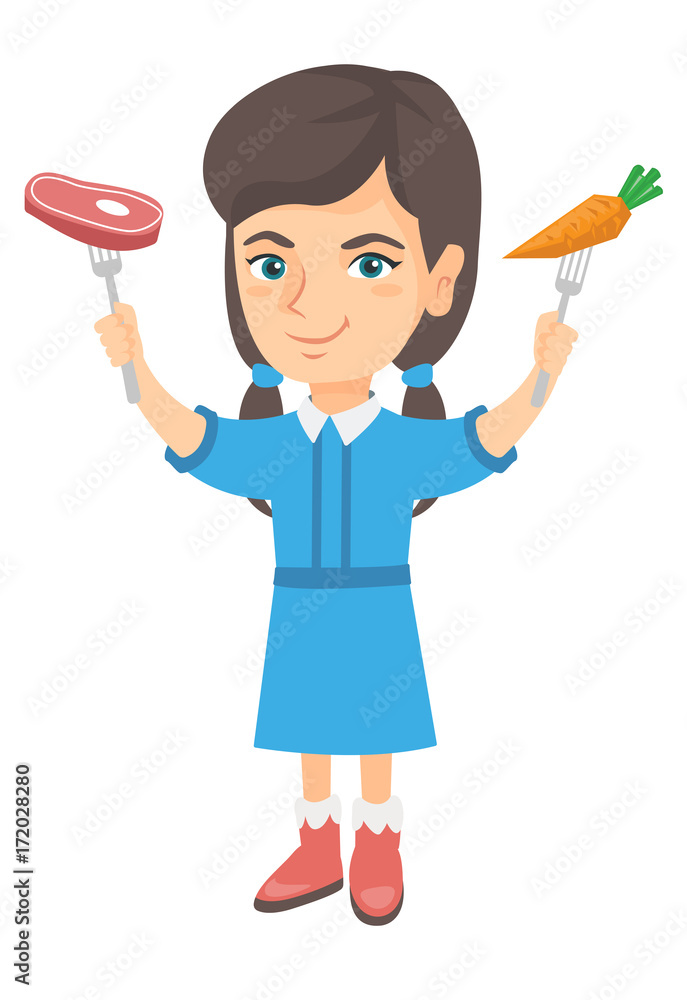 Caucasian girl holding forks with organic carrot and steak. Full length of little girl with carrot and meat steak in hands. Vector sketch cartoon illustration isolated on white background. Caucasian girl holding forks with organic carrot and steak. Full length of little girl with carrot and meat steak in hands. Vector sketch cartoon illustration isolated on white background.