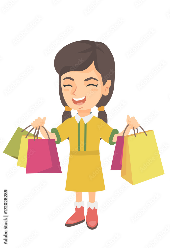 Happy caucasian girl holding shopping bags. Smiling girl carrying shopping bags. Cheerful girl standing with a lot of shopping bags. Vector sketch cartoon illustration isolated on white background.