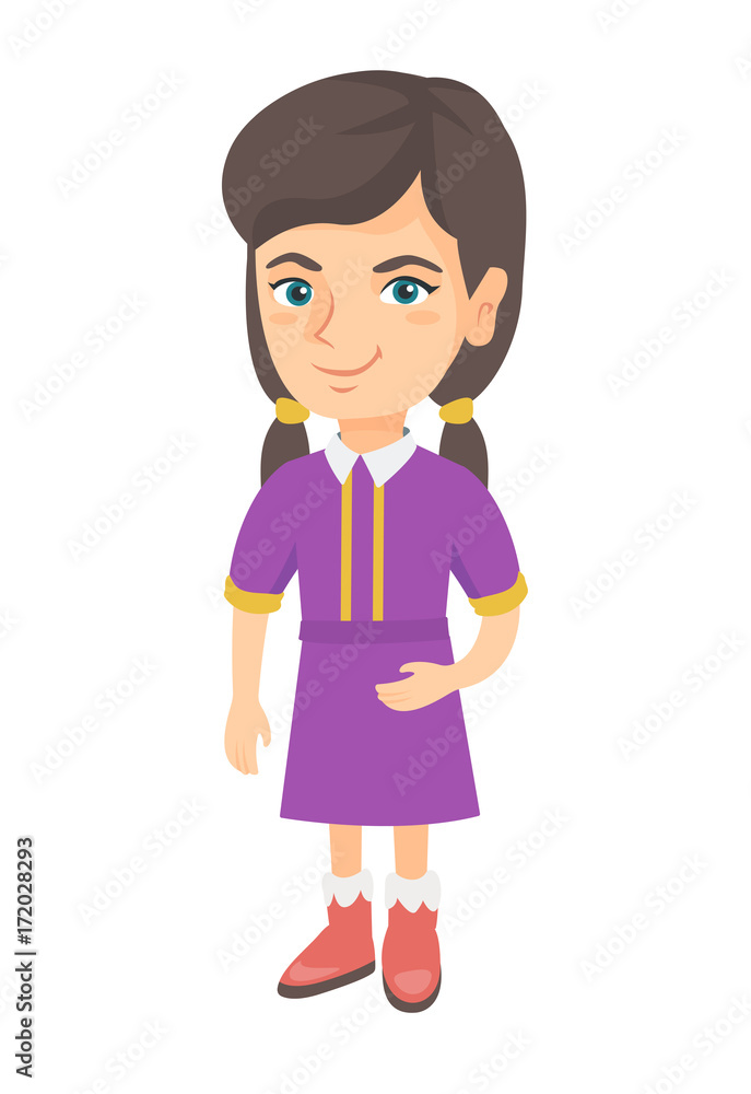 Smiling little caucasian kid girl in a dress. Full length of happy smiling kid girl. Vector sketch cartoon illustration isolated on white background. Smiling little caucasian kid girl in a dress. Full length of happy smiling kid girl. Vector sketch cartoon illustration isolated on white background.