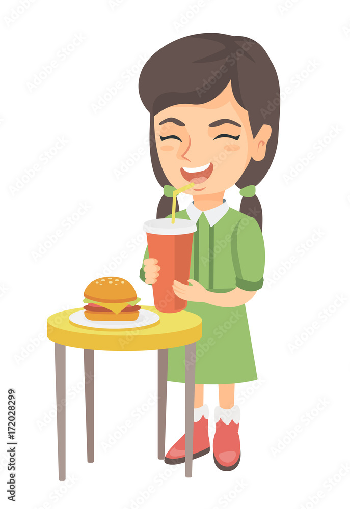 Little caucasian laughing girl drinking soda and eating cheeseburger. Smiling girl standing near the table with fast food. Vector sketch cartoon illustration isolated on white background. Little caucasian laughing girl drinking soda and eating cheeseburger. Smiling girl standing near the table with fast food. Vector sketch cartoon illustration isolated on white background.
