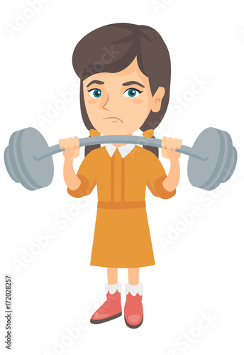 Upset caucasian child lifting a heavy weight barbell. Little sad girl in sportswear training with barbell. Girl trying to lift barbell. Vector sketch cartoon illustration isolated on white background.