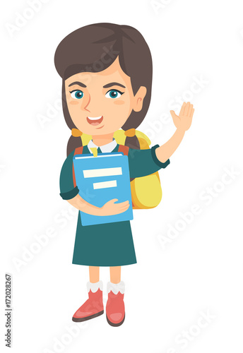 Happy caucasian schoolgirl holding a book and waving her hand. Full length of smiling schoolgirl making greeting gesture - waving hand. Vector sketch cartoon illustration isolated on white background.