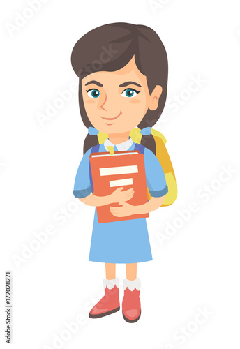 Caucasian schoolgirl with backpack and textbook. Smiling happy schoolgirl hugging a textbook. Vector sketch cartoon illustration isolated on white background.