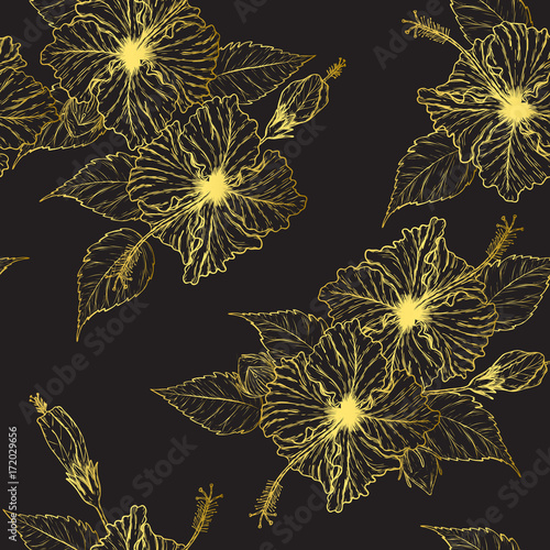 Hibiscus flower pattern by hand drawing.Tattoo art highly detailed in line art style.Fish and flower seamless pattern on batik cloth.