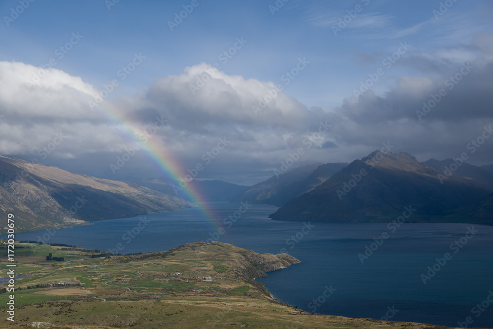 Lake Wakatipu with rainbow