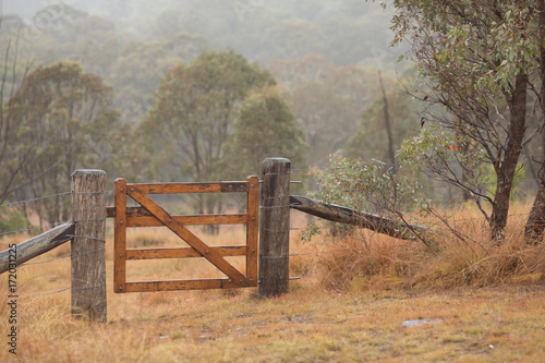 farm gate in the mist