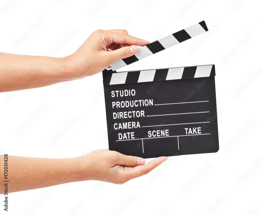 Fototapeta premium Blank movie production clapper board or slate film in hand.