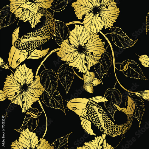 Butterfly and Hibiscus flower pattern by hand drawing.Tattoo art highly detailed in line art style.Fish and flower seamless pattern on batik cloth.