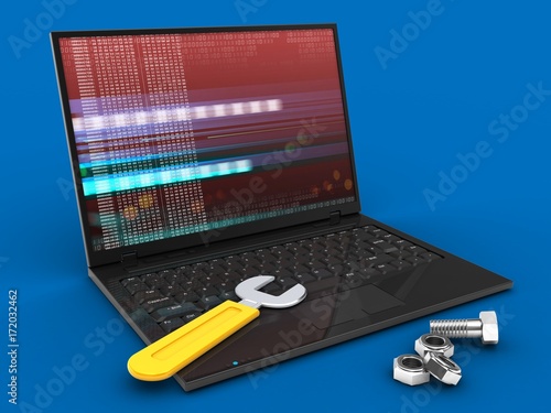 3d laptop computer and wrench and nuts