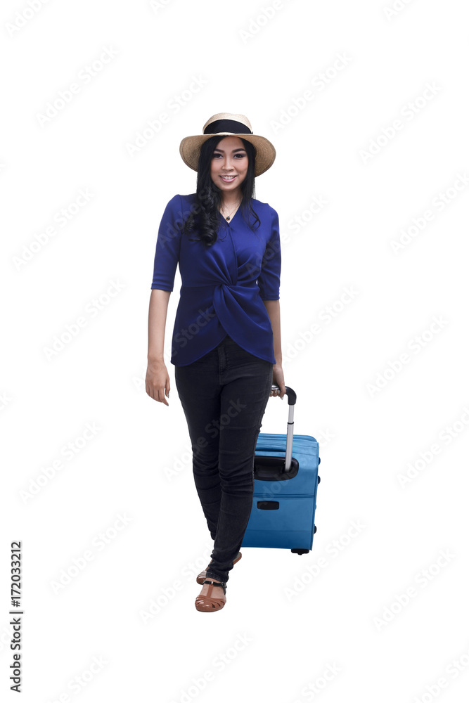Beautiful asian woman with hat carrying suitcase Beautiful asian woman with hat carrying suitcase