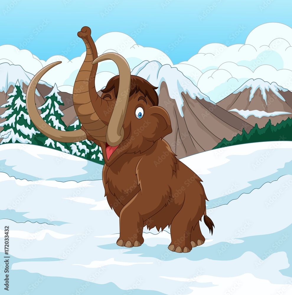 Naklejka premium Cartoon Woolly Mammoth walking through a snowy field