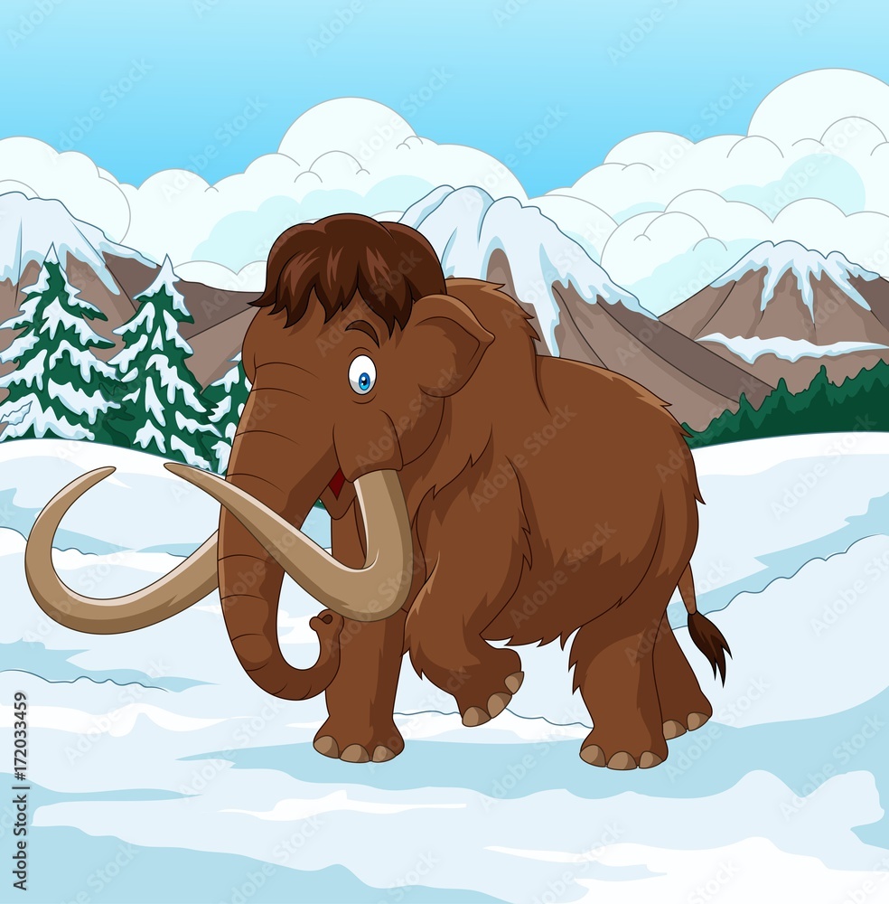 Naklejka premium Cartoon Woolly Mammoth walking through a snowy field