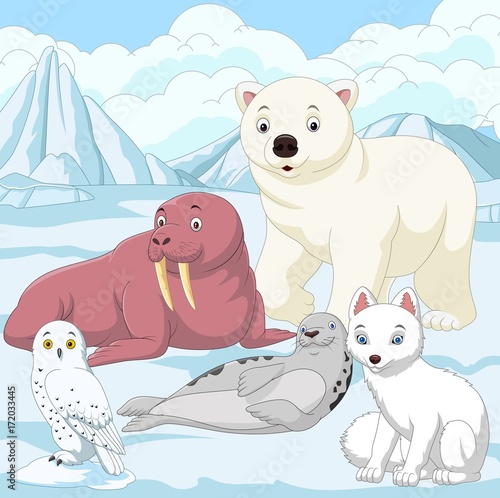 Cartoon arctic animals with ice field background