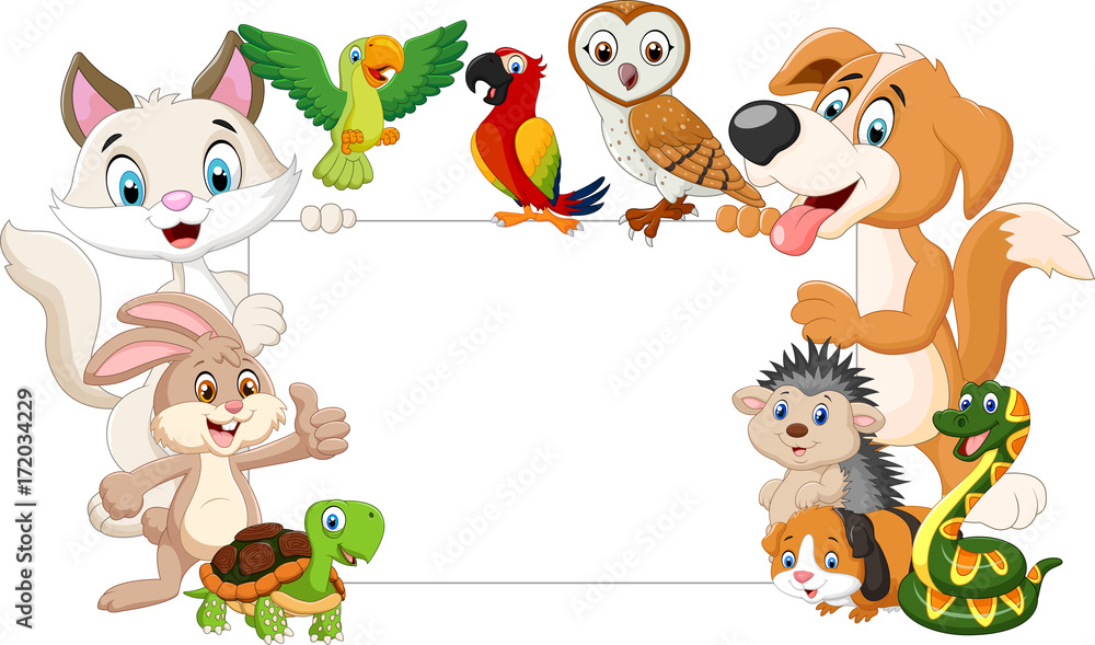 Fototapeta premium Cartoon pets with blank sign
