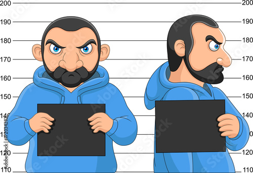 Arrested man posing for mugshot holding a signboard