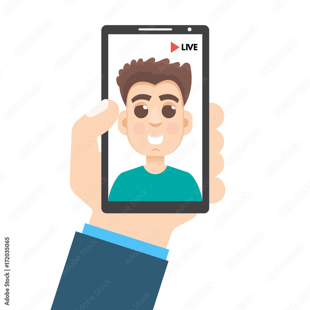 Live Video Streaming . Smartphone in hand. Social media concept. Vector illustration in a flat style. Live Video Streaming . Smartphone in hand. Social media concept. Vector illustration in a flat style.