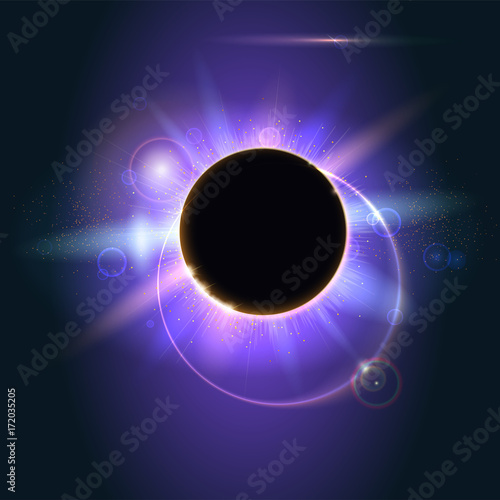 Abstract shining in space. Solar eclipse, astronomical phenomenon - full sun eclipse. Glow light effect. Star burst with sparkles. The planet covering the Sun in eclipse